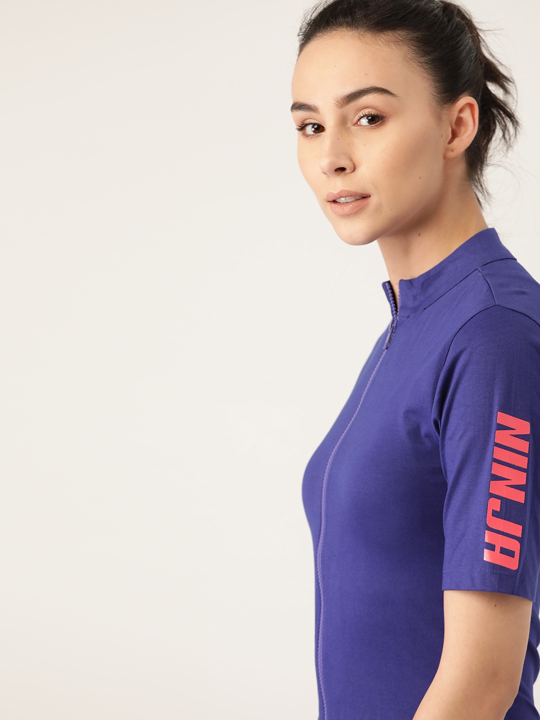 

Dressberry Women Blue Pure Cotton Mock Collar Fitted Top