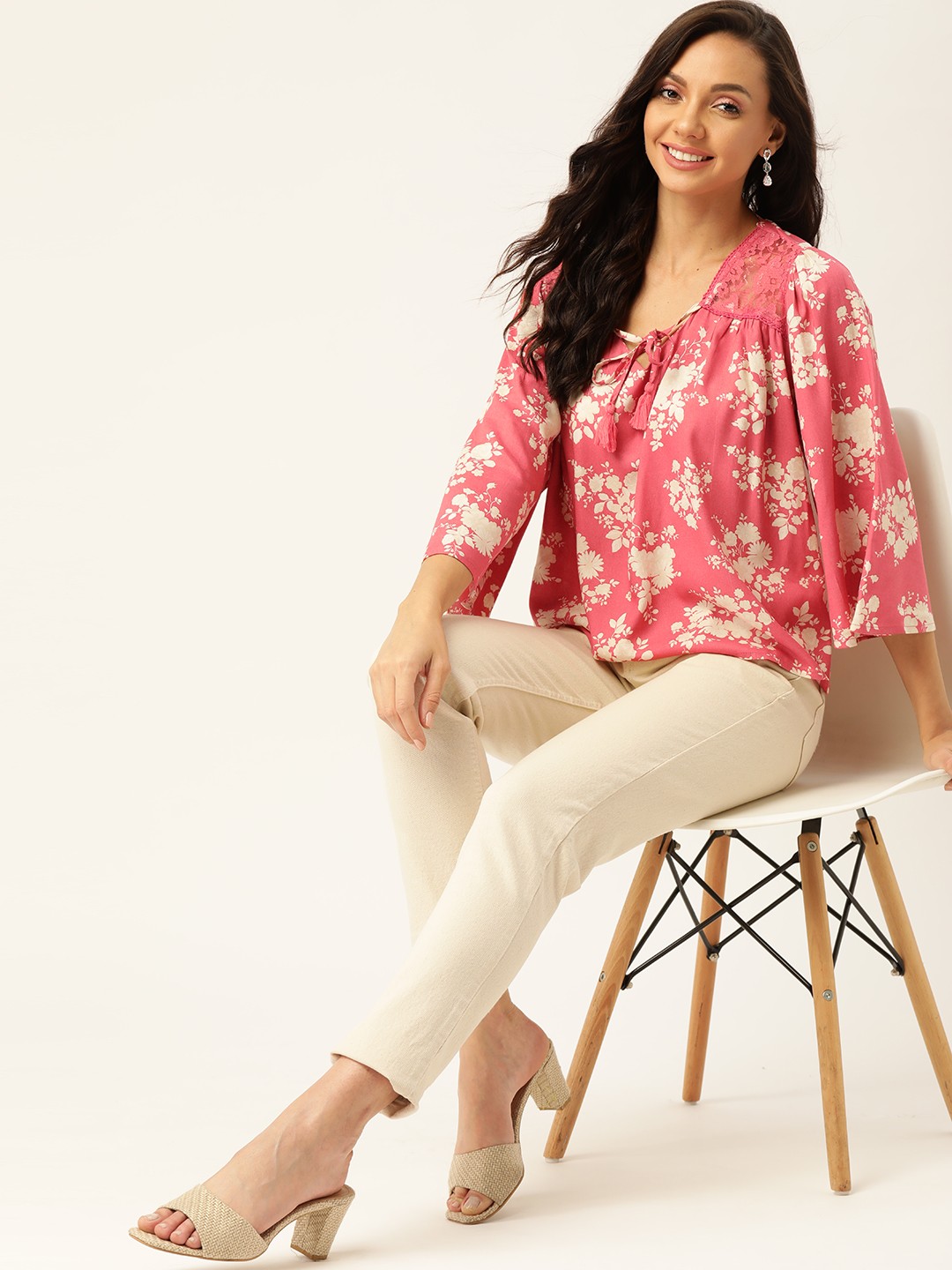 

DressBerry Pink & Off White Sustainable Floral Flared Sleeve A-Line EcoVero Top