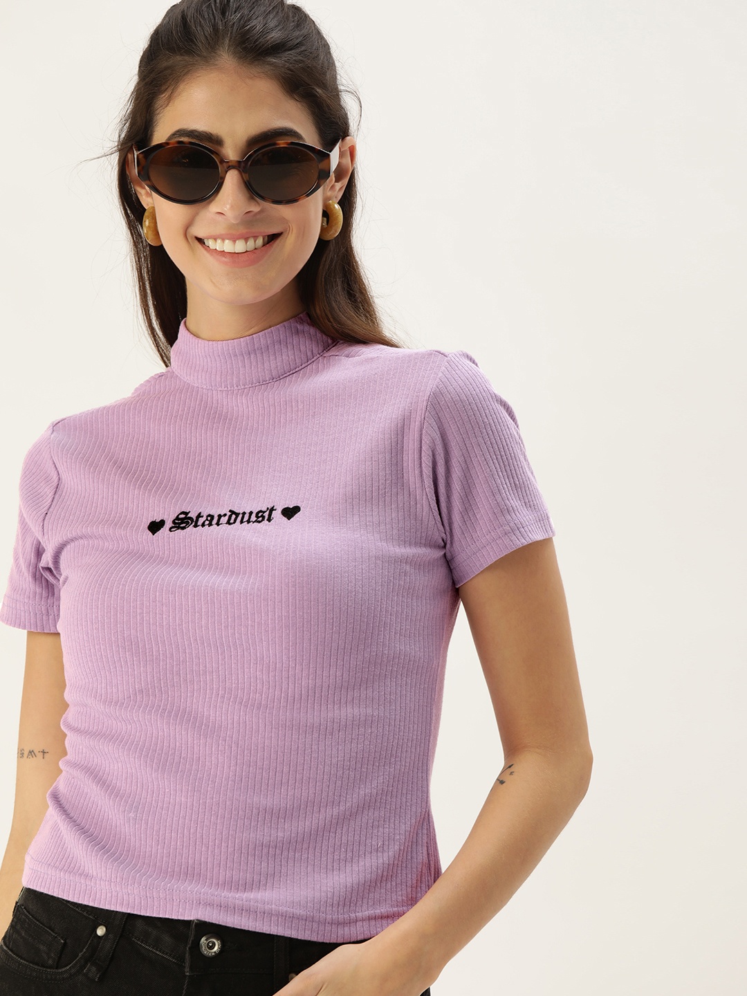 

DressBerry Purple Self-Striped Fitted Top