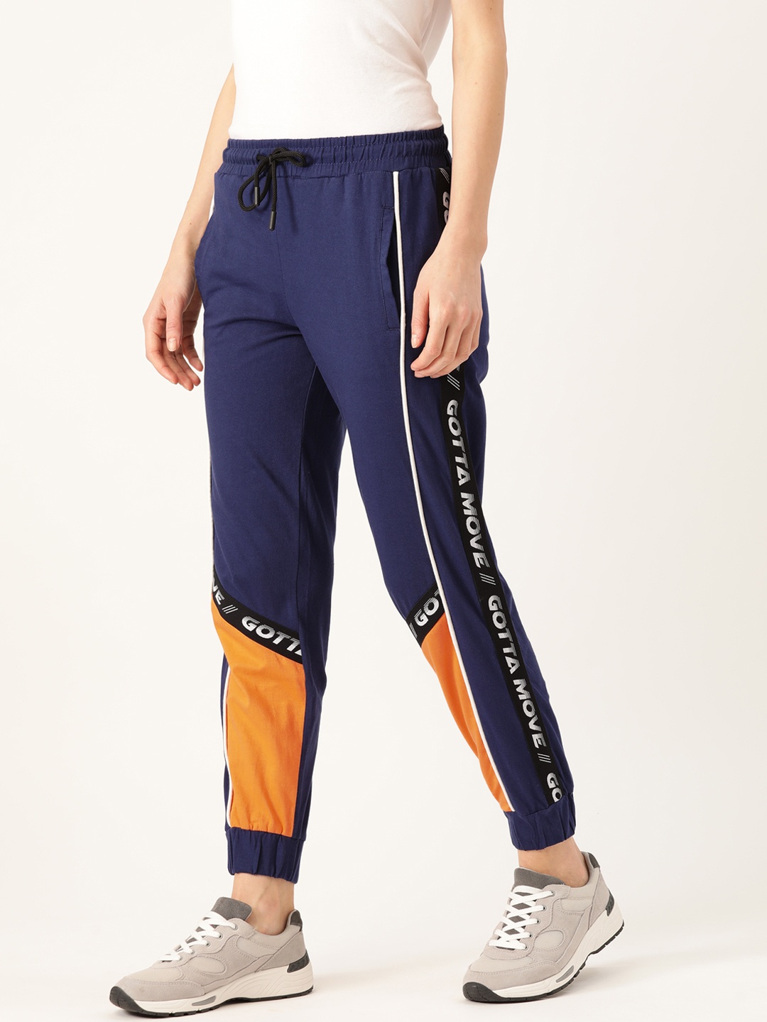 

DressBerry Women Navy Blue & Orange Regular Colourblock Crop Joggers