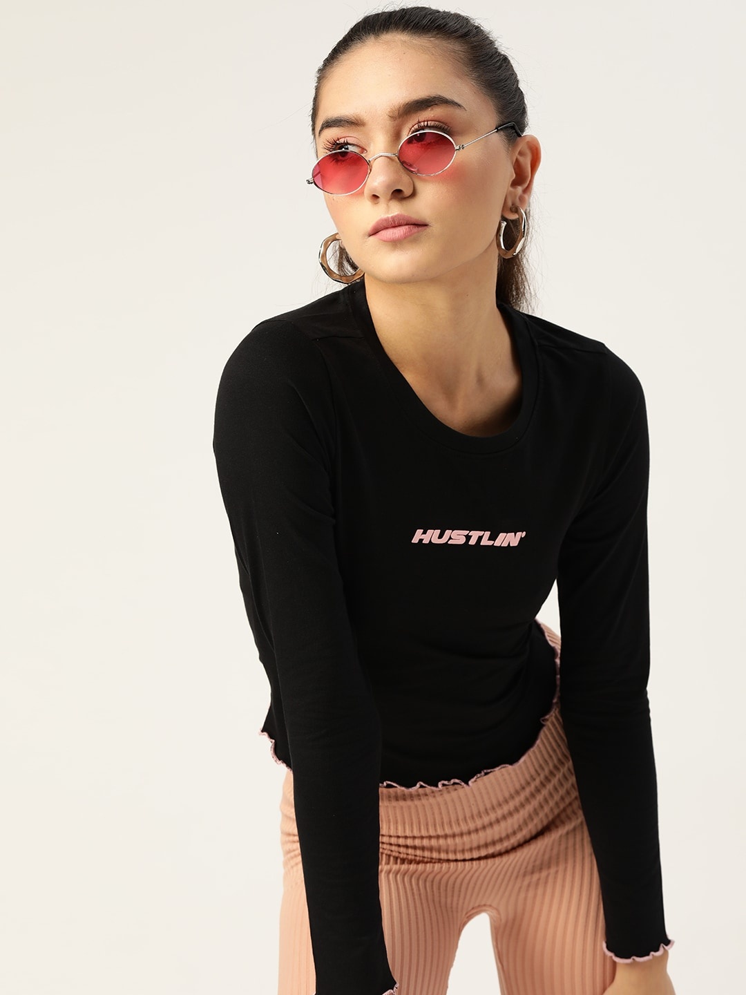 

DressBerry Black Solid Fitted Top