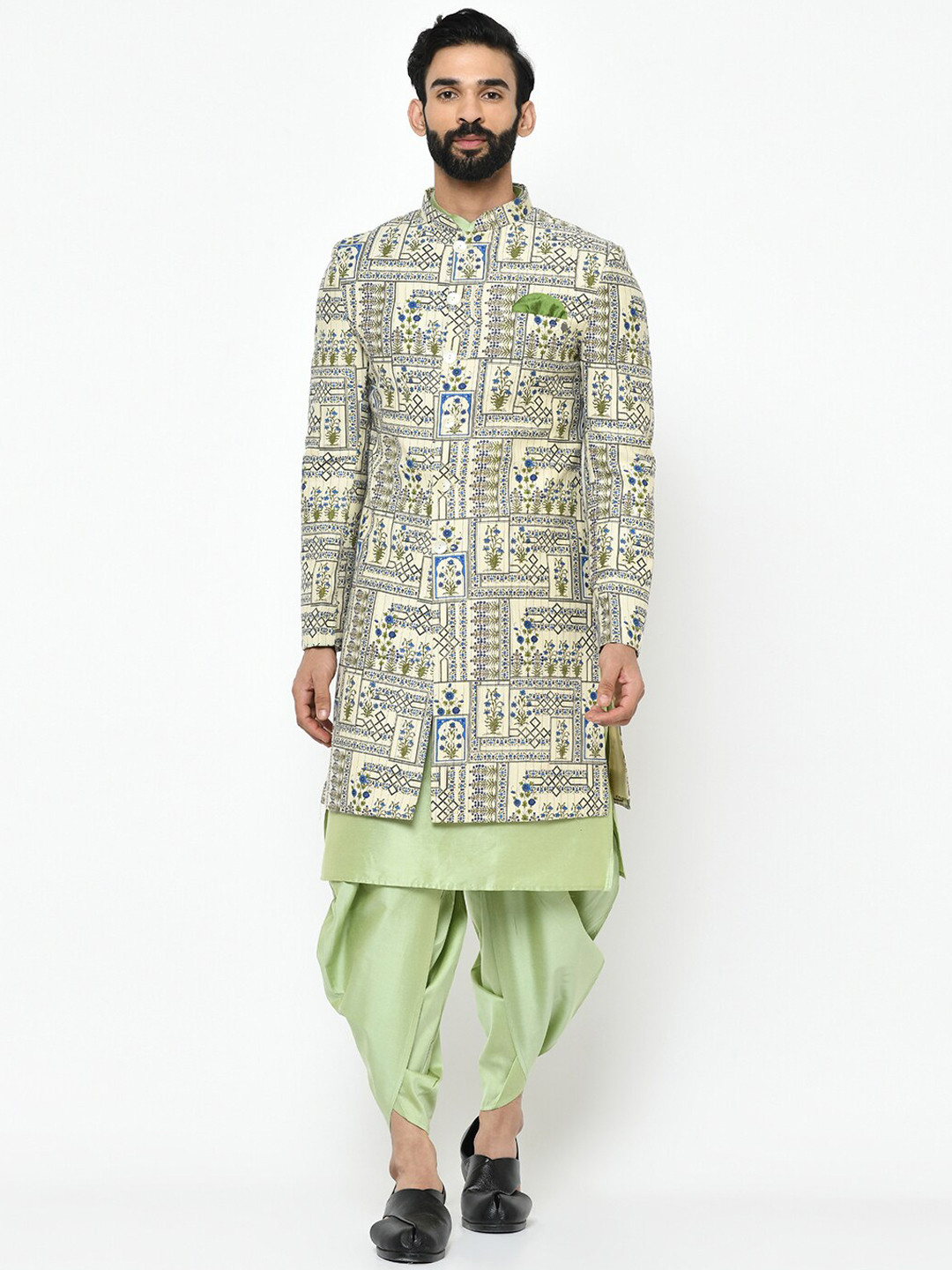 

Vartah Men White & Blue & Pink Printed Sherwani Set