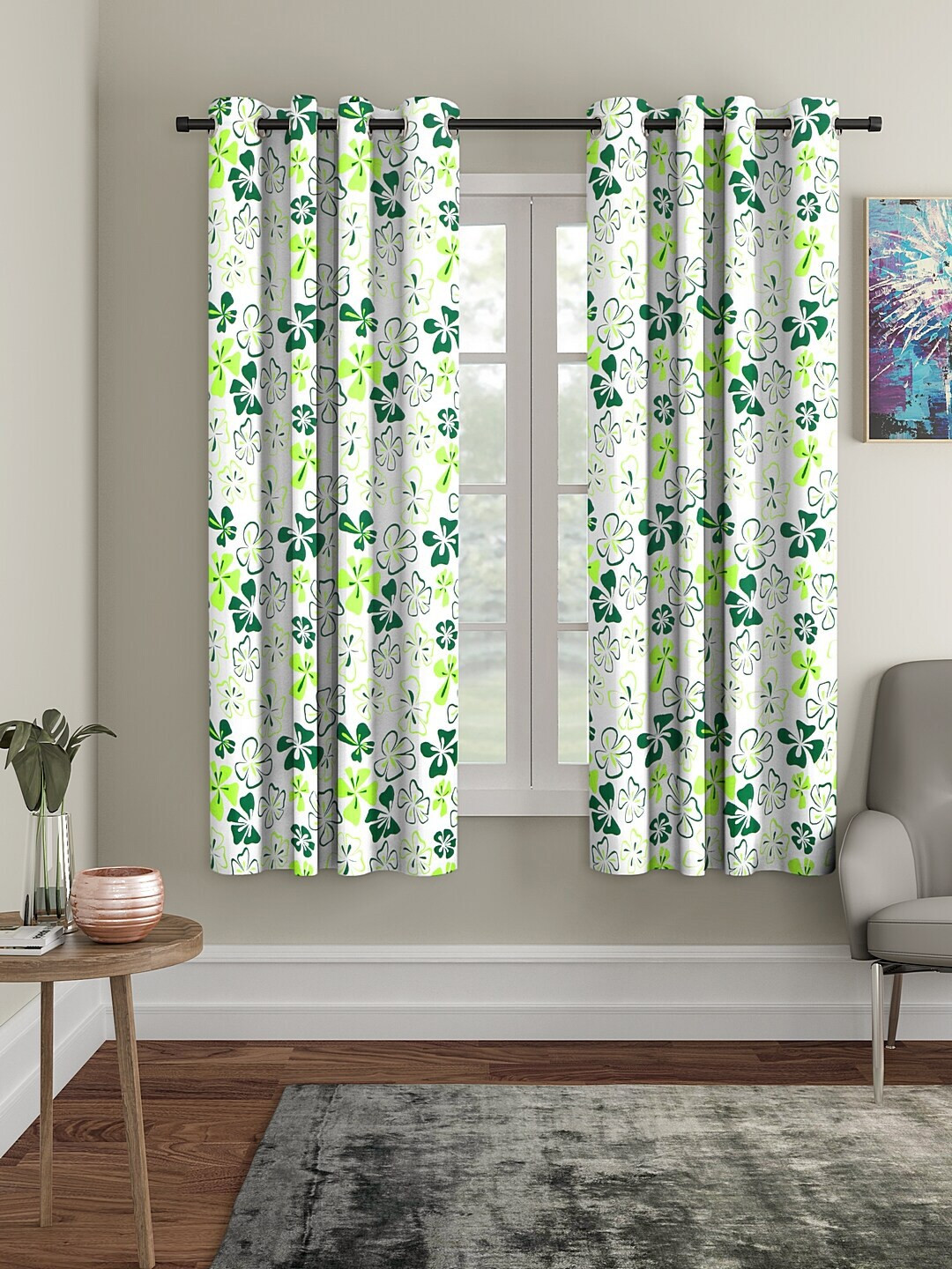 

Cortina Set Of 2 Green & White Floral Digital Printed Curtains