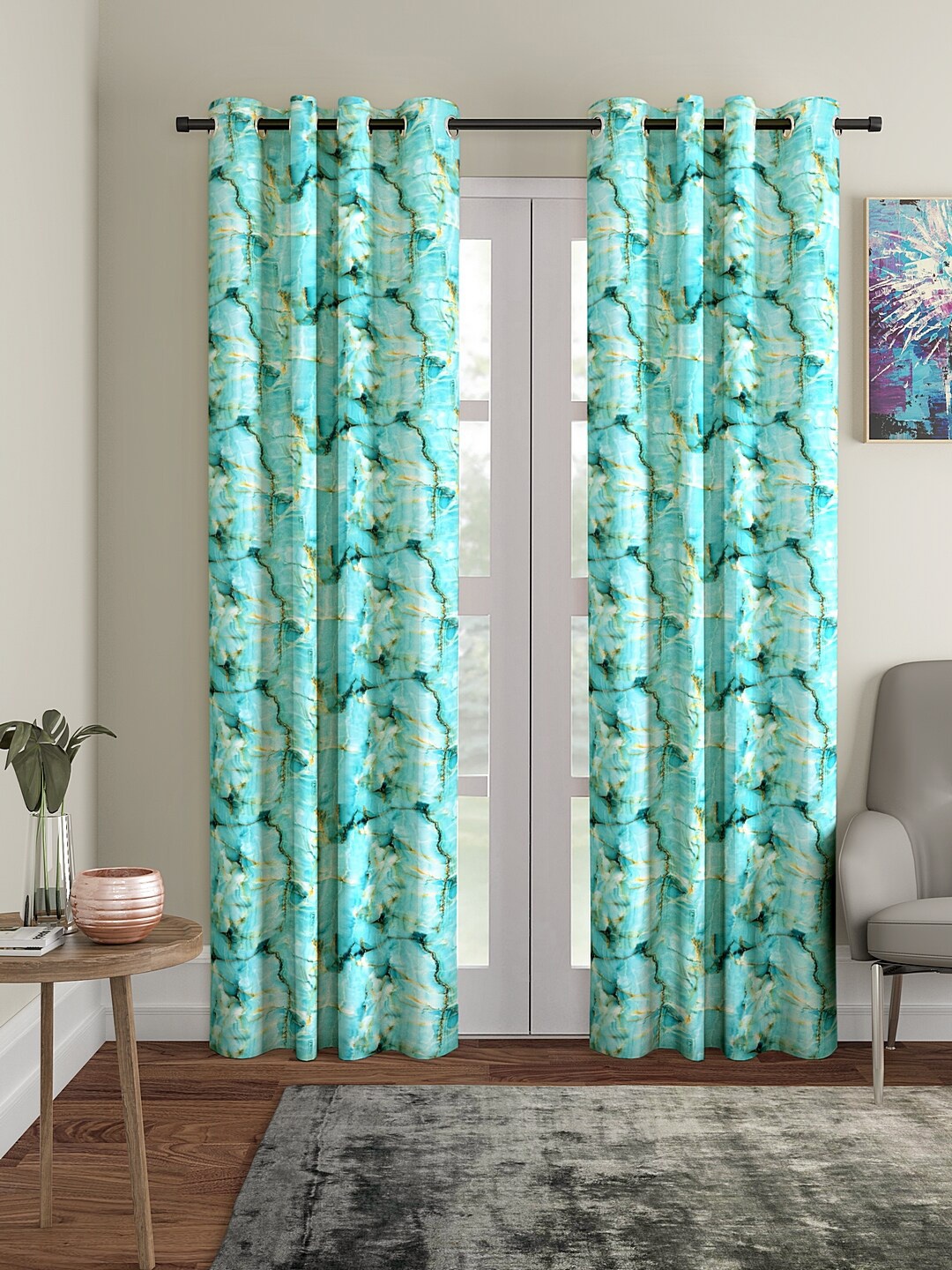 Cortina Turquoise Blue & Yellow Set Of 2 Printed Long Door Curtains