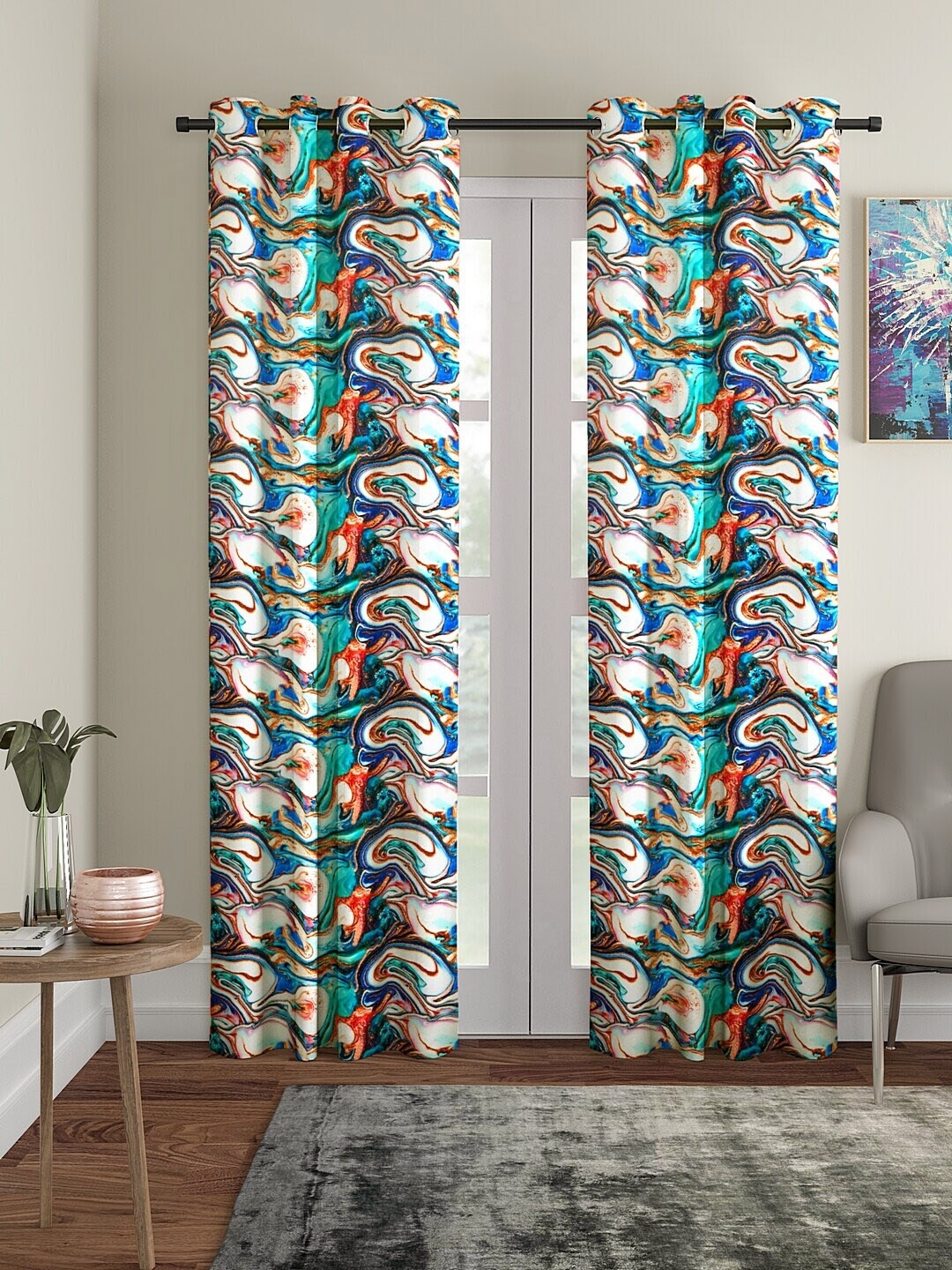

Cortina Aqua blue & White Set of 2 Digital Printed Door Curtains, Green