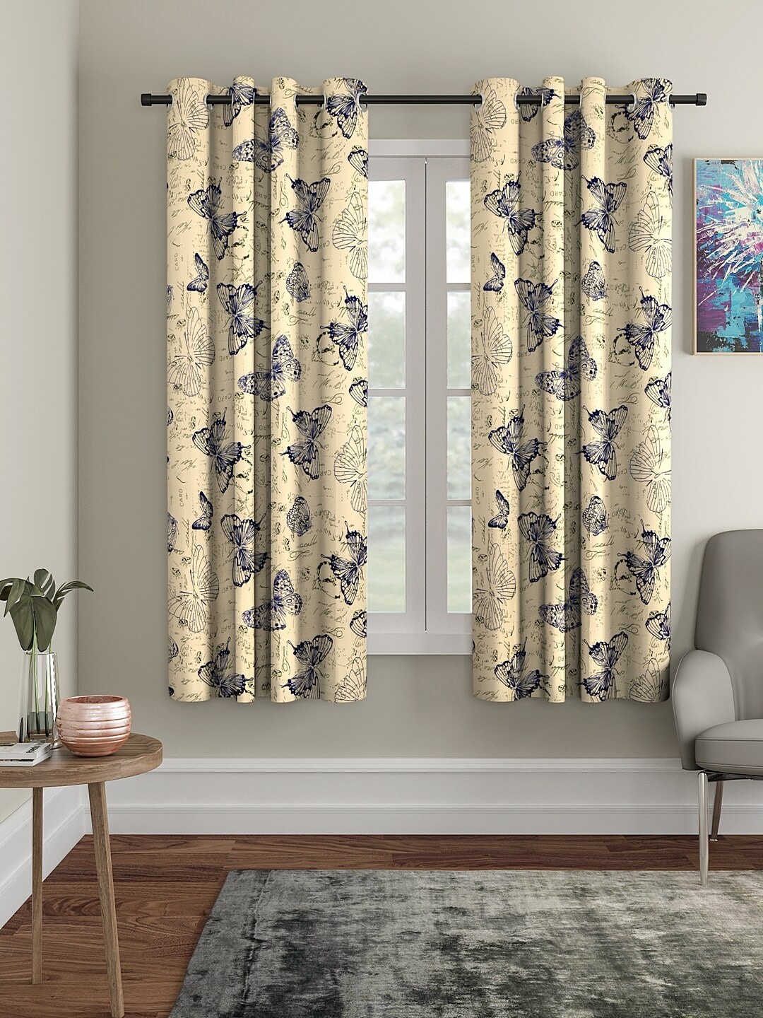 

Cortina Beige & Navy Blue Set of 2 Printed Window Curtains