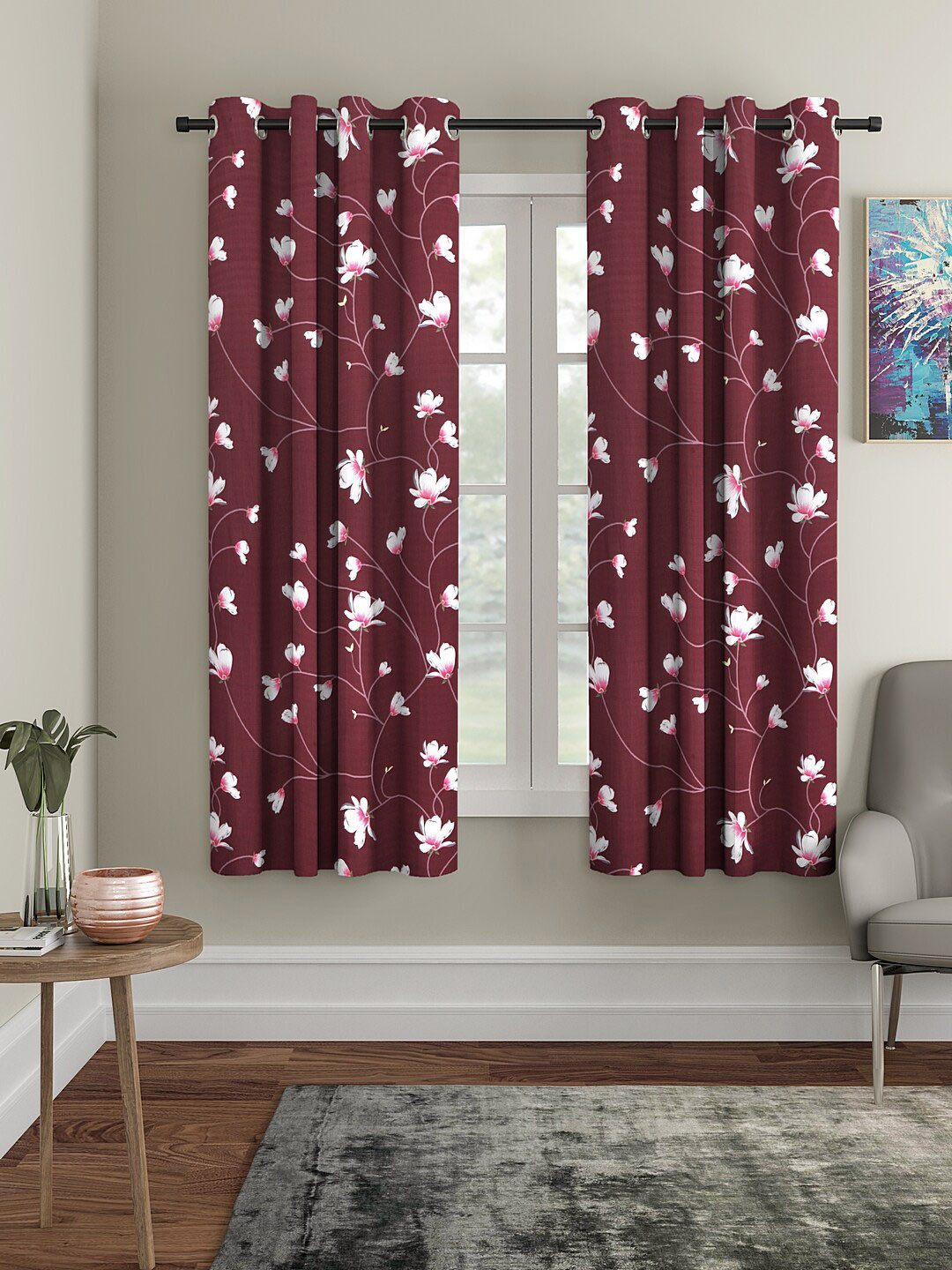 

Cortina Maroon & White Set of 2 Floral Printed Window Curtains