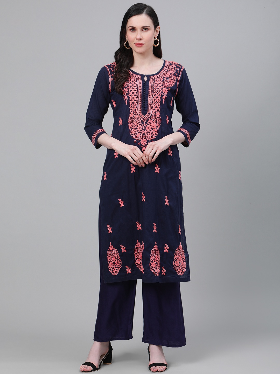 

ADA Women Navy Blue & Peach-Coloured Chikankari Hand Embroidered Cotton Straight Sustainable Kurta