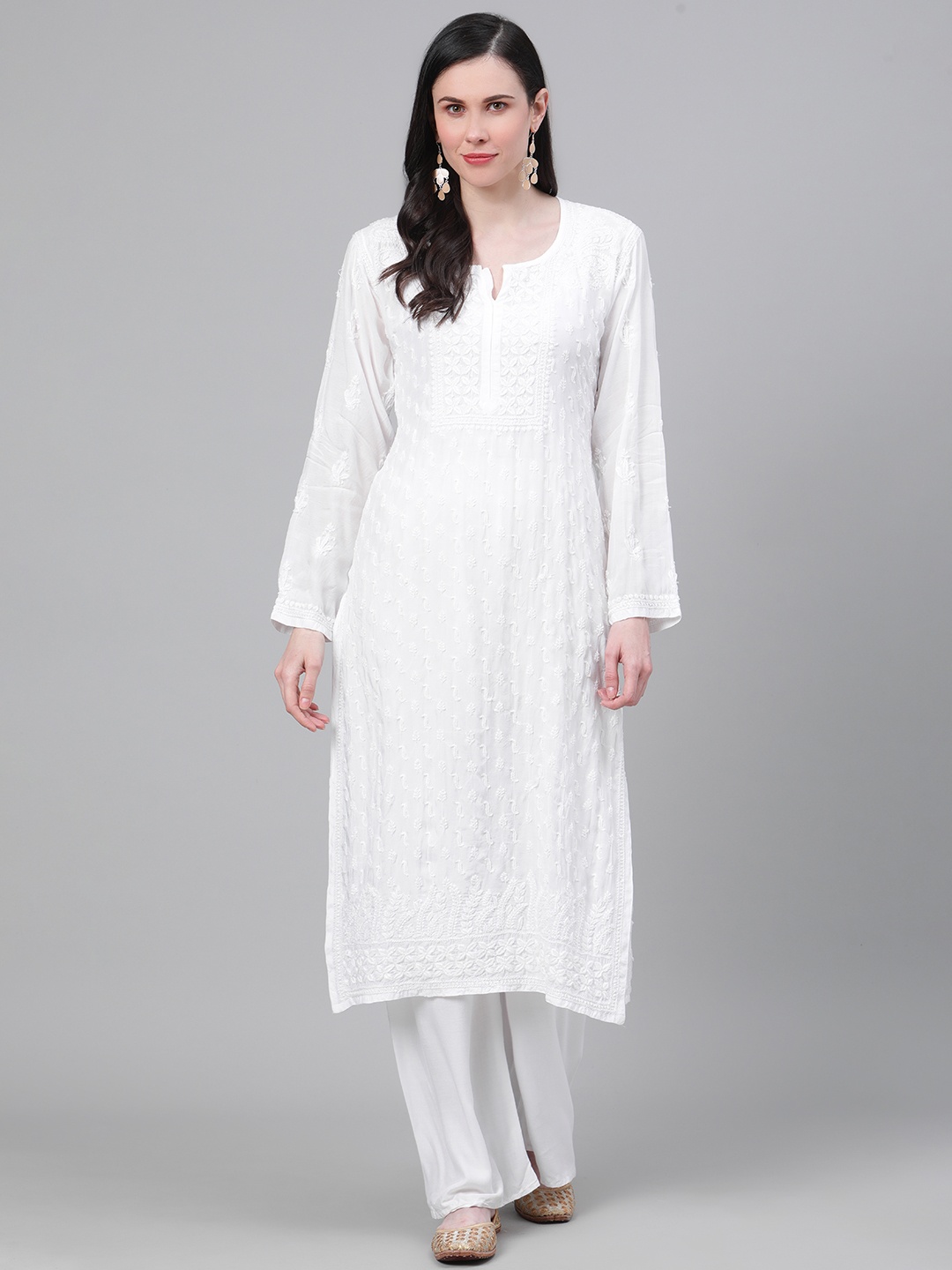 

ADA Women White Chikankari Hand Embroidered Straight Handloom Kurta