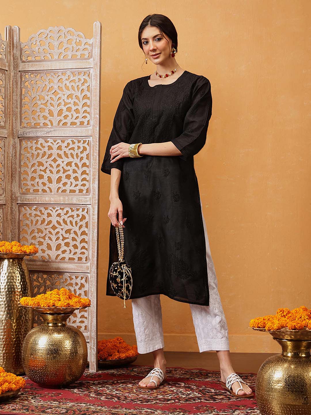 

ADA Women Black Chikankari Hand Embroidered Cotton Straight Handloom Kurta