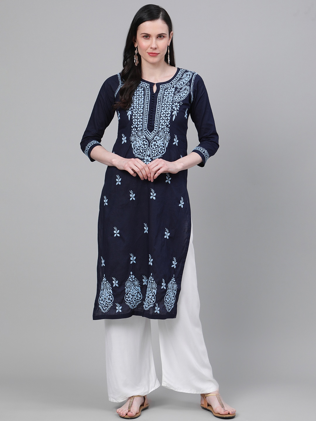 

ADA Women Blue Chikankari Hand Embroidered Cotton Straight Sustainable Handloom Kurta