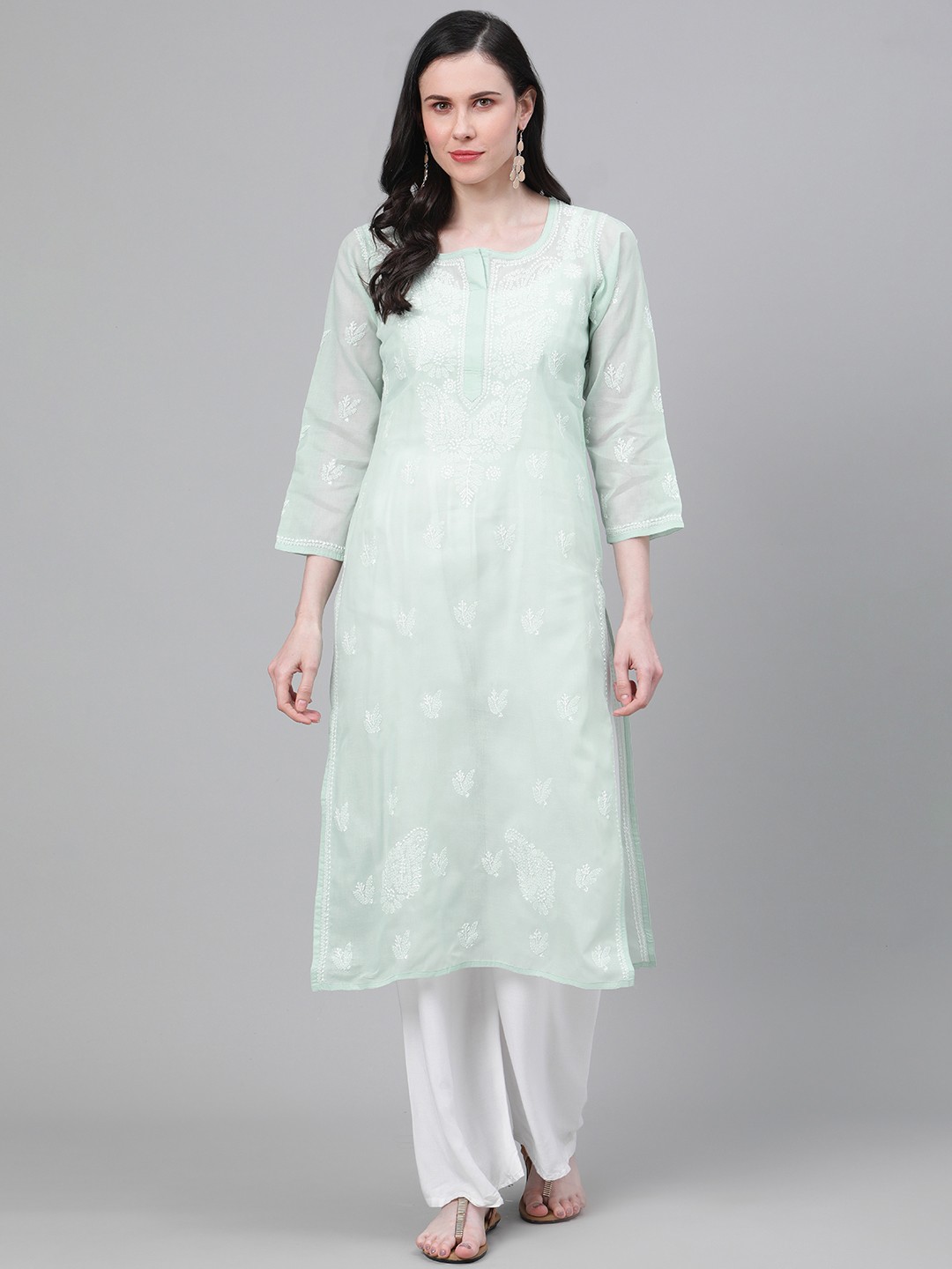 

ADA Women Green & White Chikankari Hand Embroidered Cotton Straight Sustainable Kurta