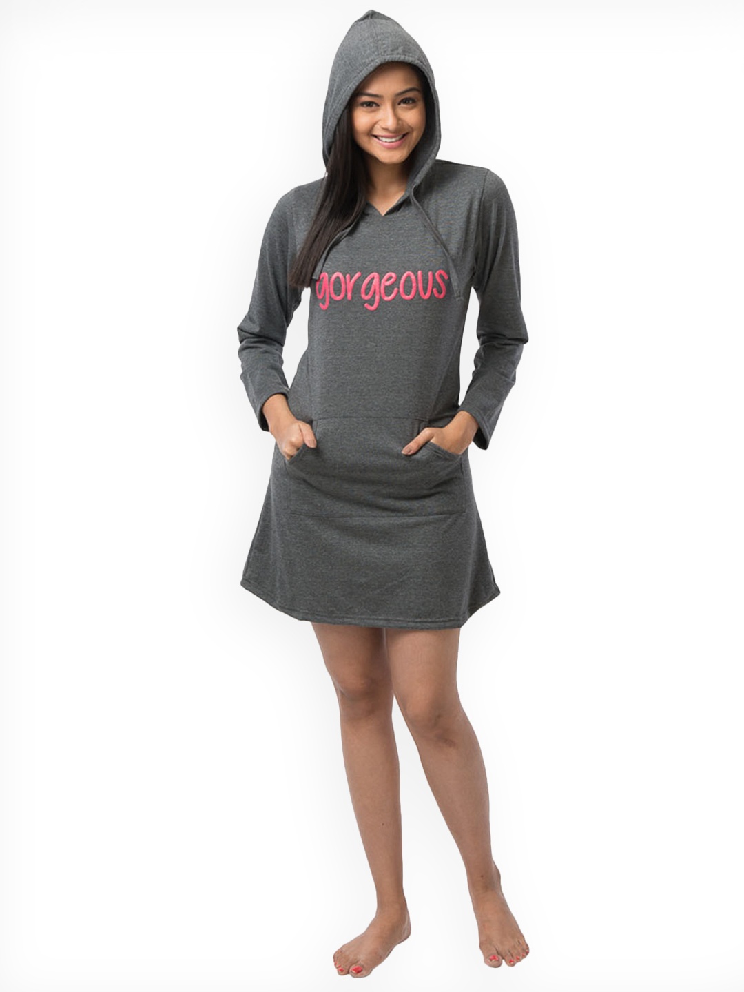 

Nite Flite Women Grey Printed Hoodie Nightdress