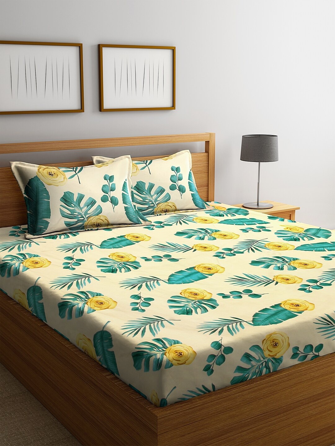 

KLOTTHE Cream-Coloured & Blue Floral 210 TC Cotton 1 King Bedsheet with 2 Pillow Covers