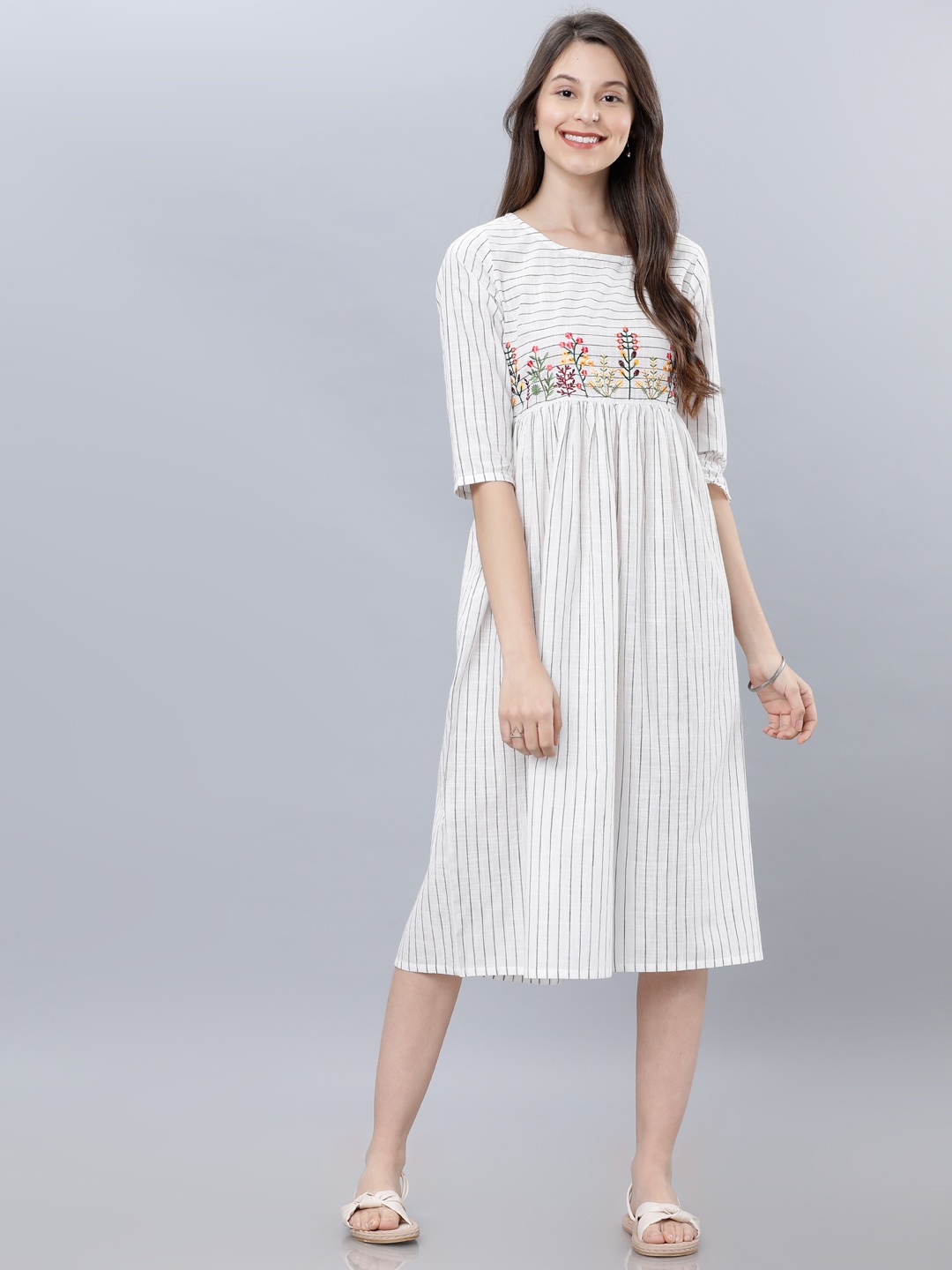 

Vishudh Women Off-White Striped Cotton Empire Dress