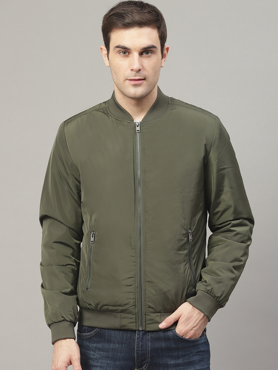 

LINDBERGH Men Olive Green Solid Bomber Jacket