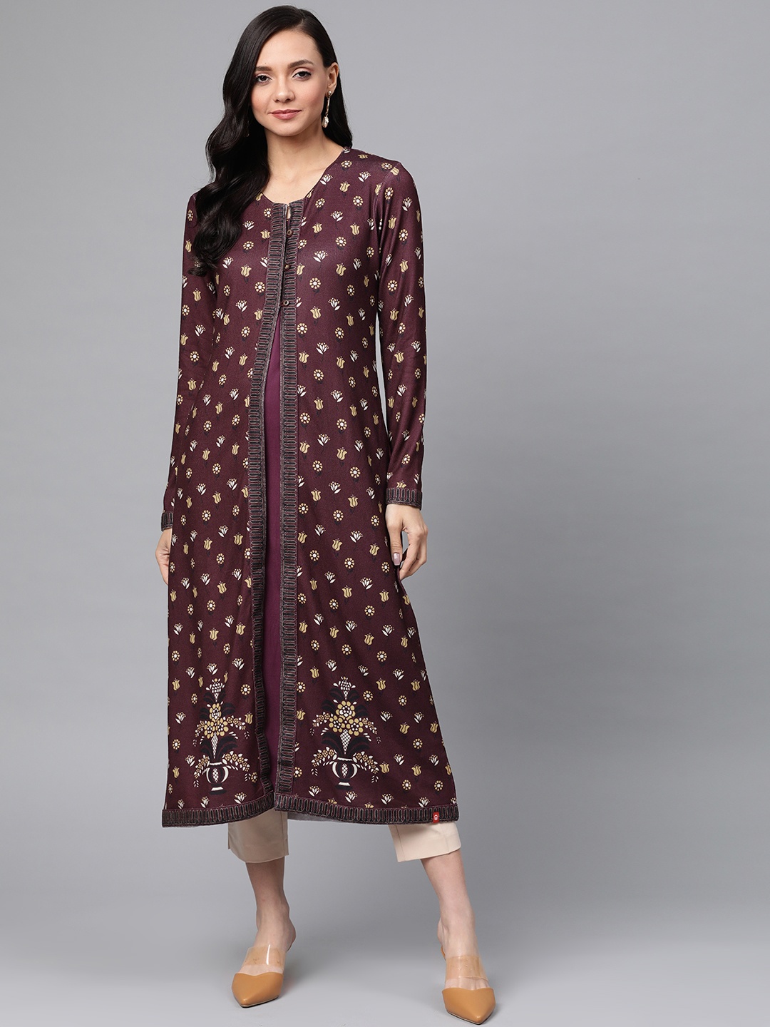 

Biba Women Aubergine & Yellow Printed Knitted Winter Layered A-Line Kurta, Purple