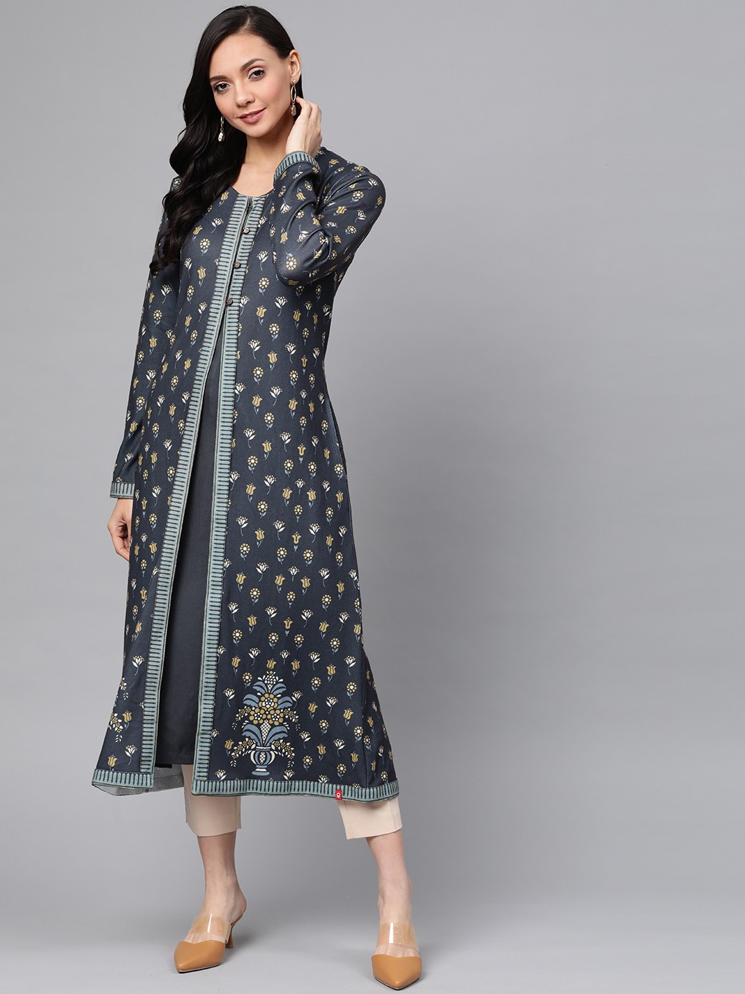 

Biba Women Charcoal Grey & Yellow Printed Knitted Winter Layered A-Line Kurta