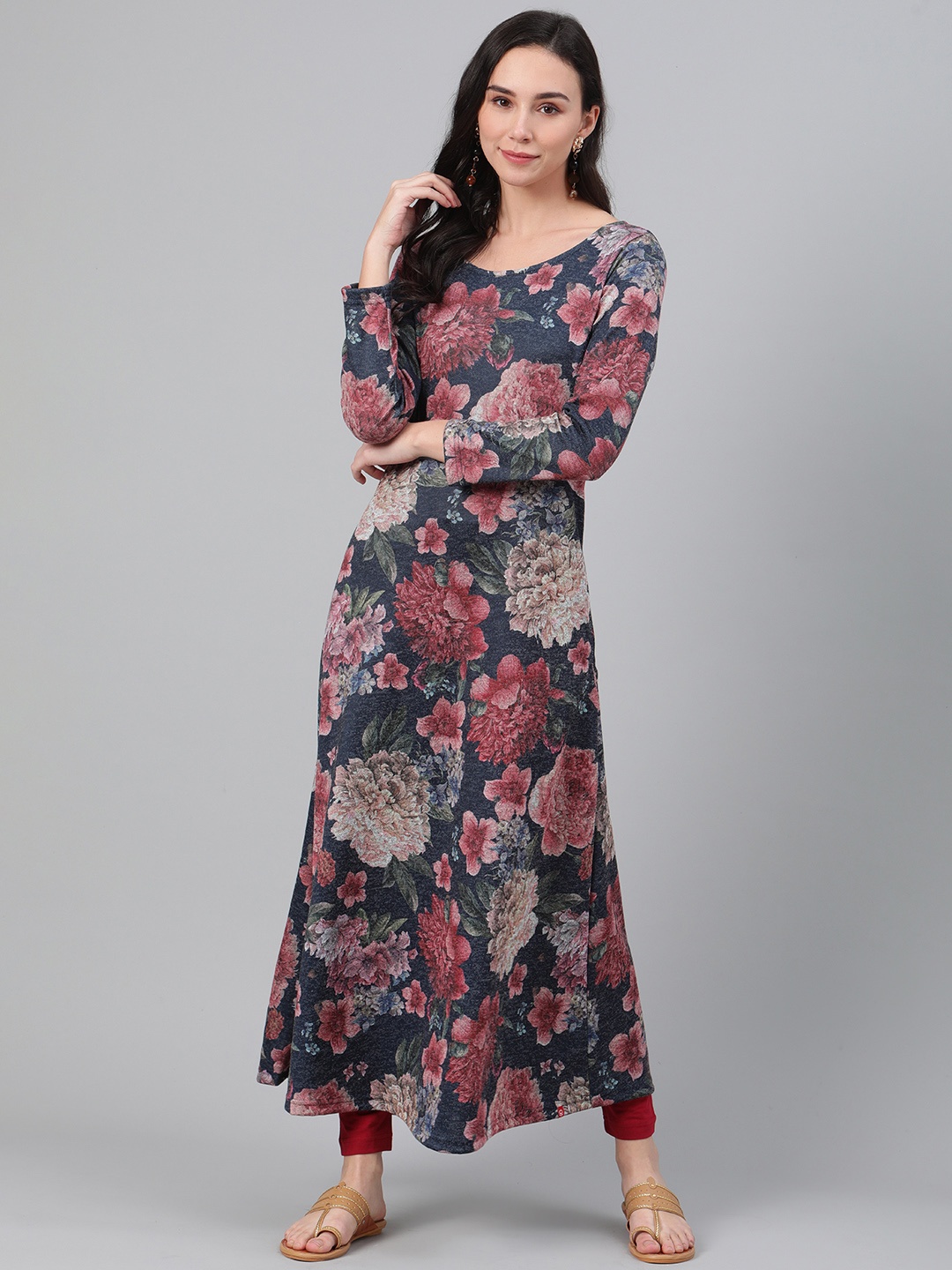 

Biba Women Blue & Pink Floral Print Winter A-Line Kurta