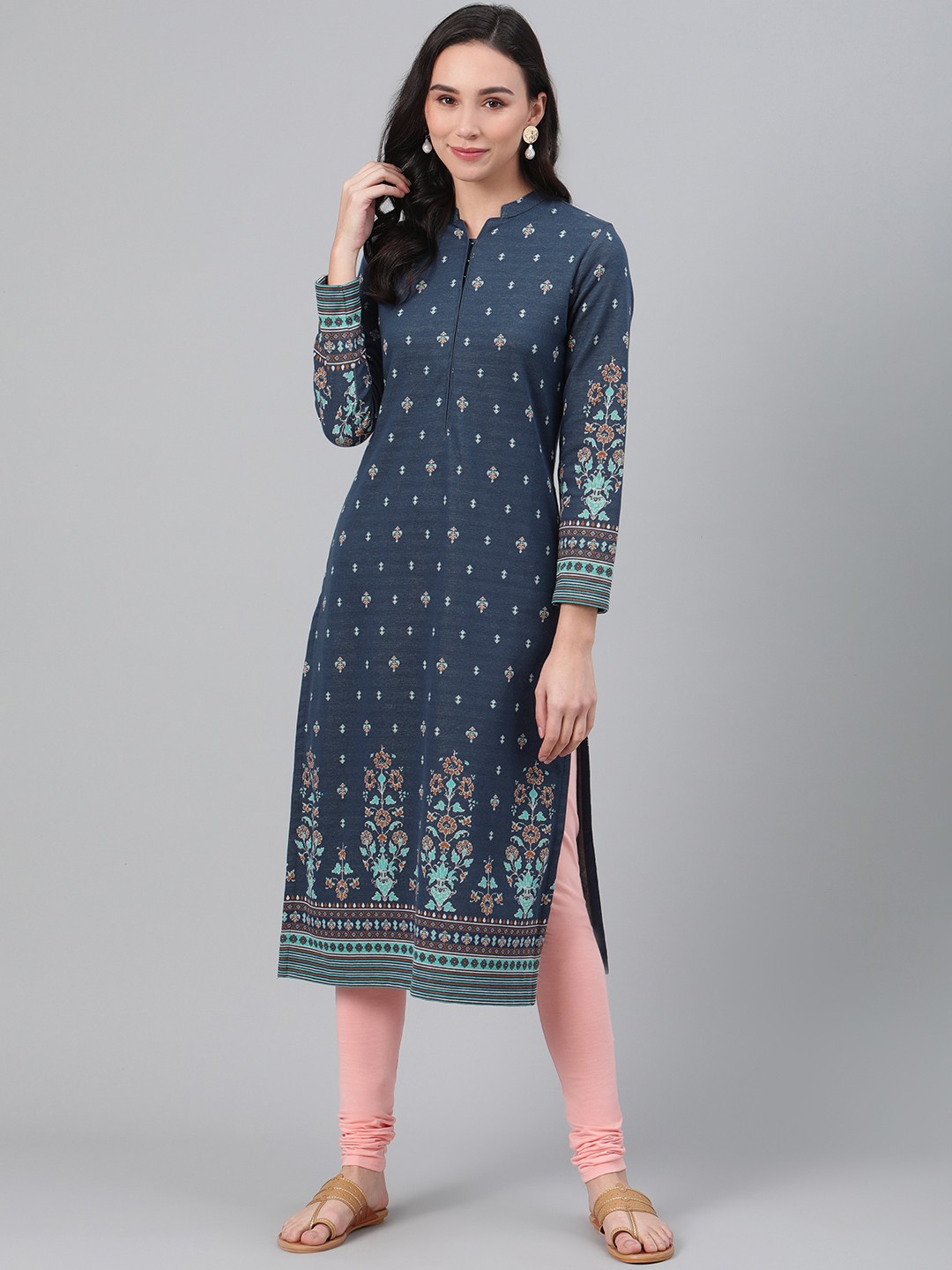 

Biba Women Blue Printed Straight Winter Kurta