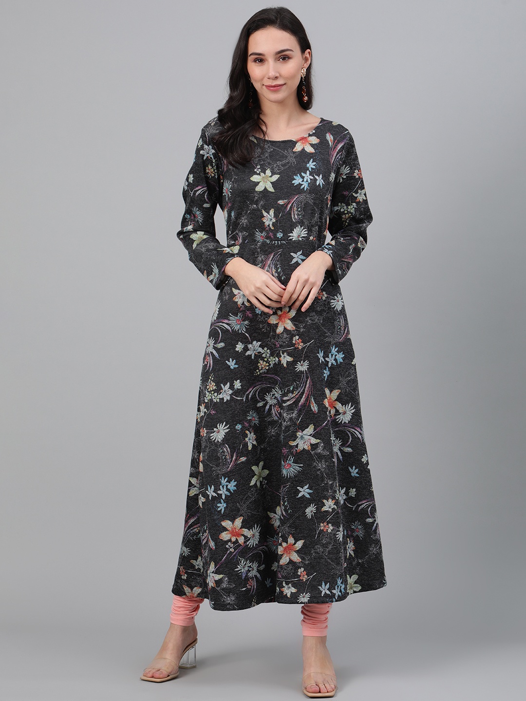 

Biba Women Charcoal Grey & Pink Floral Print A-Line Winter Kurta
