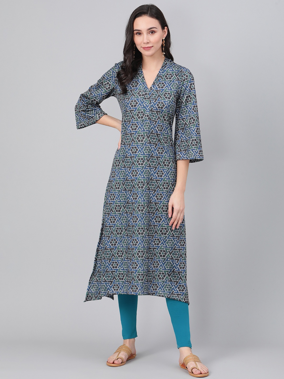 

Biba Women Charcoal Grey & Blue Printed Straight Winter Kurta