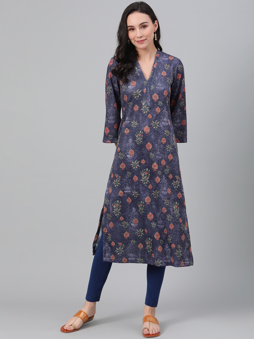 

Biba Women Navy Blue & Red Floral Print Straight Winter Kurta