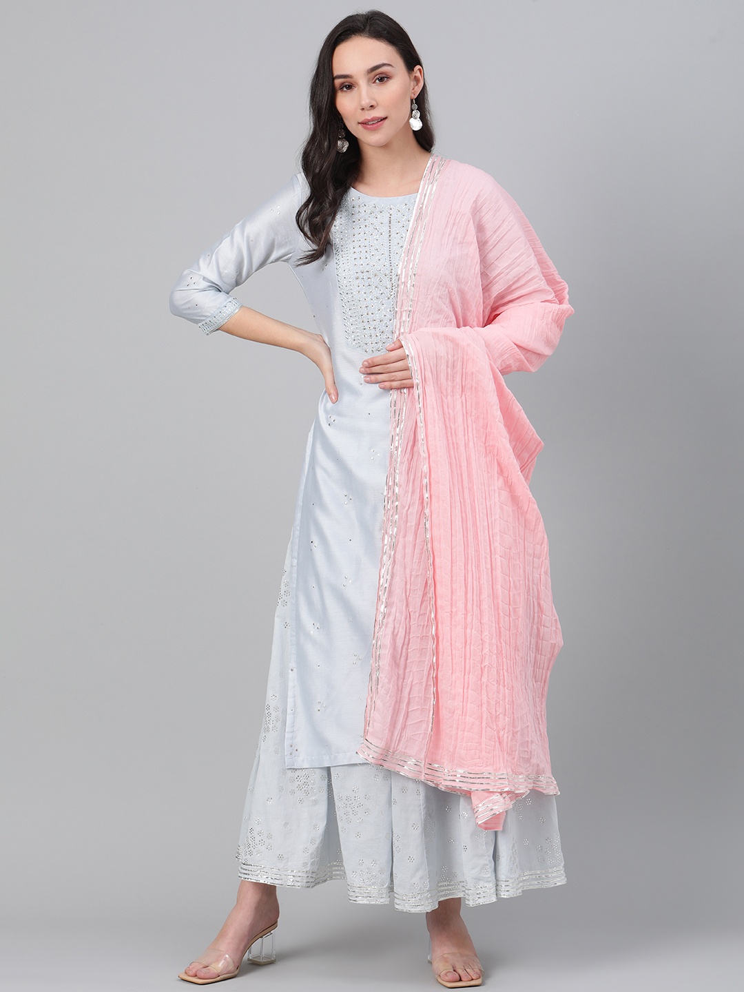 

Biba Women Blue & Pink Embellished Kurta with Skirt & Dupatta