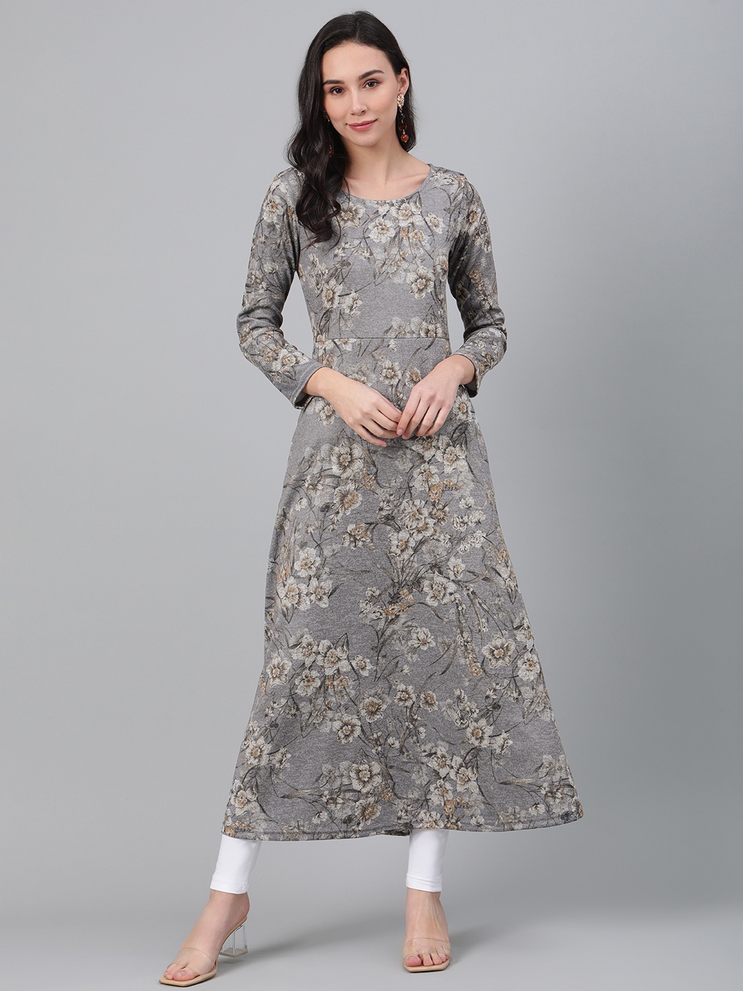 

Biba Women Grey & Brown Floral Print Winter A-Line Kurta