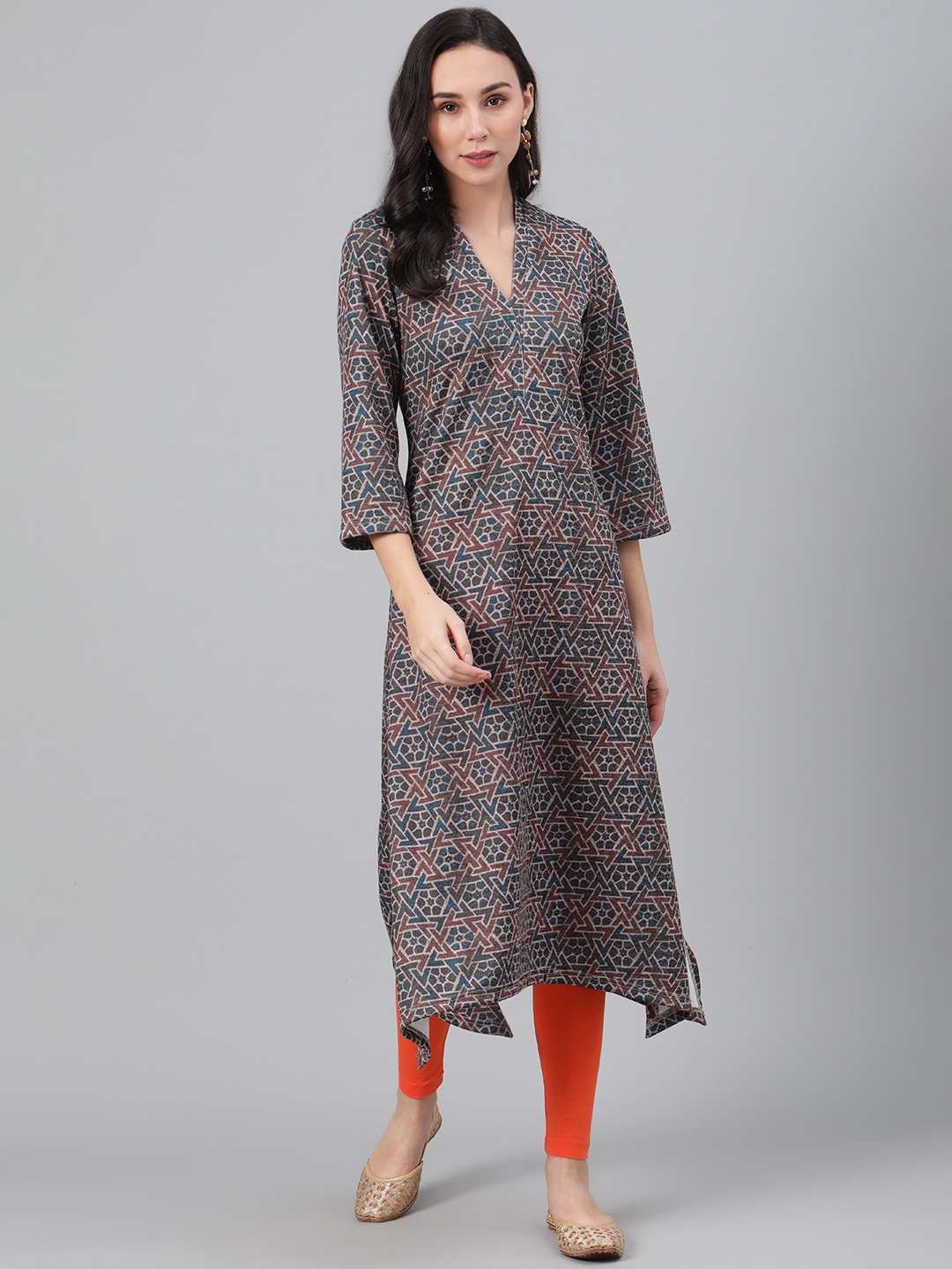 

Biba Women Rust Brown & Blue Printed Winter Asymmetric A-Line Kurta