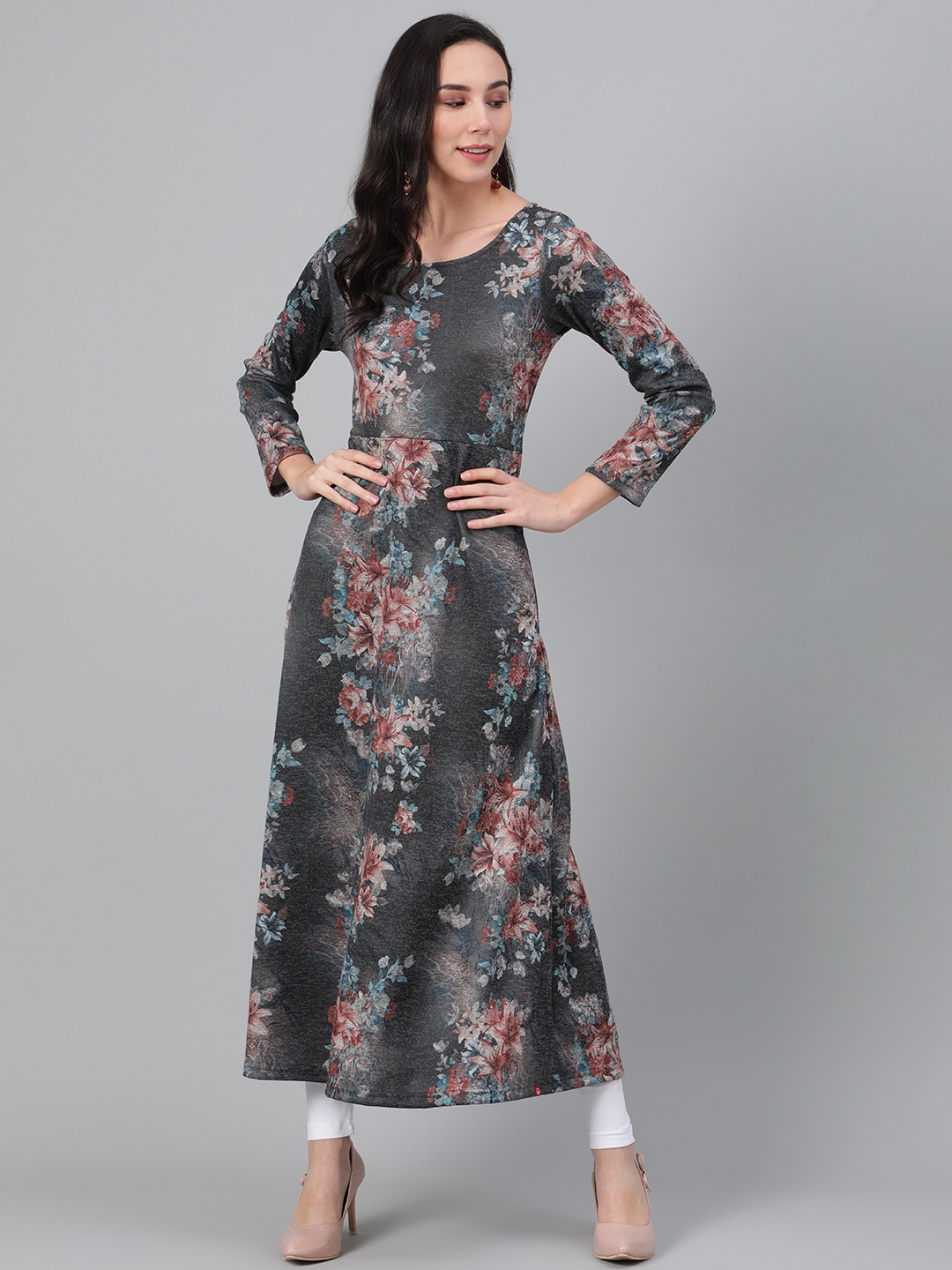 

Biba Women Grey & Rust Brown Floral Print Winter A-Line Kurta