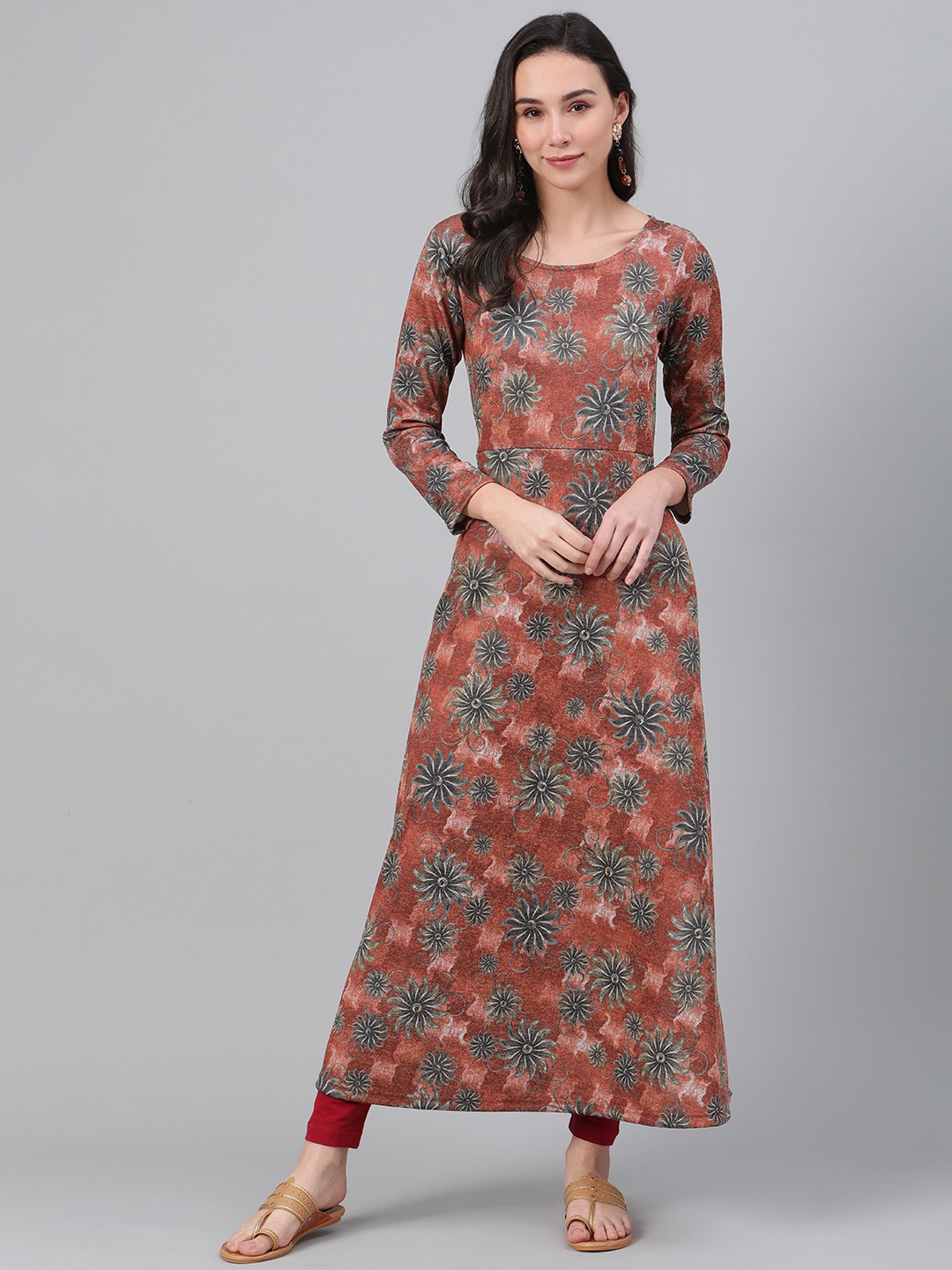 

Biba Women Rust Red & Charcoal Grey Floral Print Winter A-Line Kurta