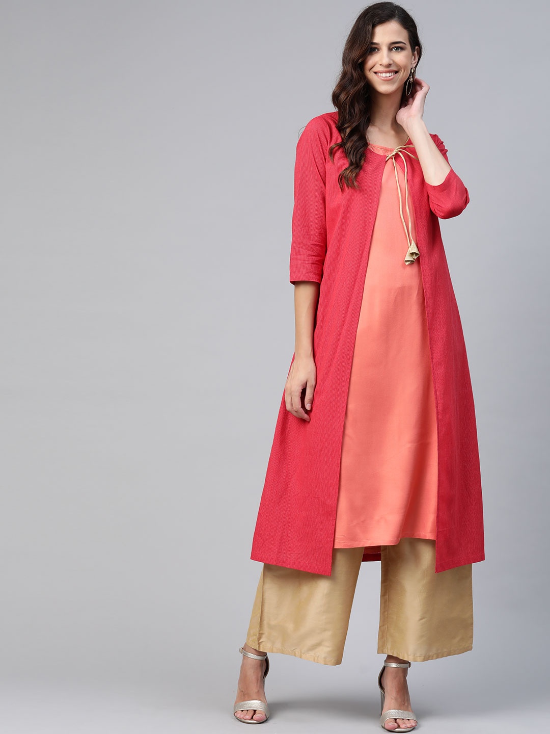 

Biba Women Peach & Maroon Solid Kurta With Jacket