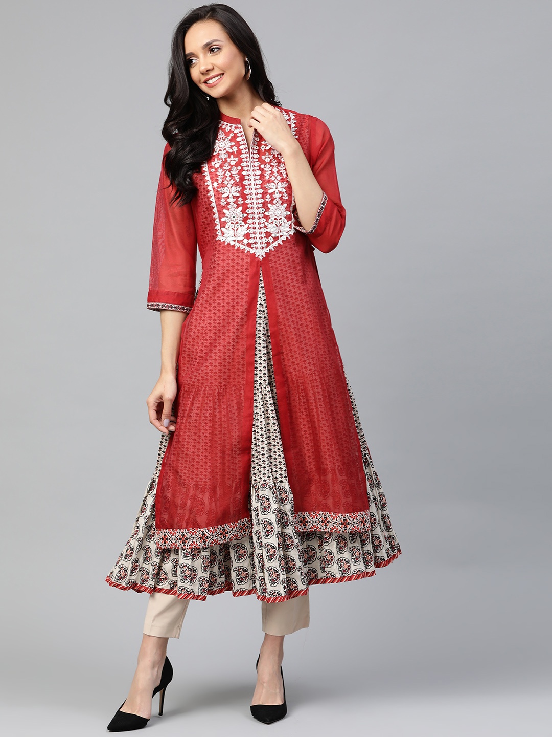 

Biba Women Rust Red & Off-White Yoke Design Layered A-Line Kurta