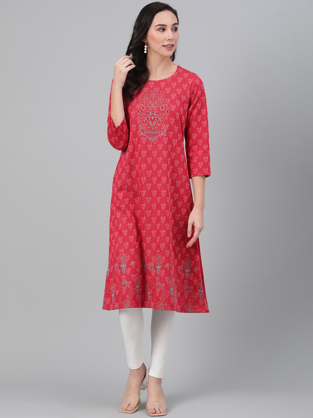 

Biba Women Pink & Off-White Woven Design Knitted Straight Winter Kurta