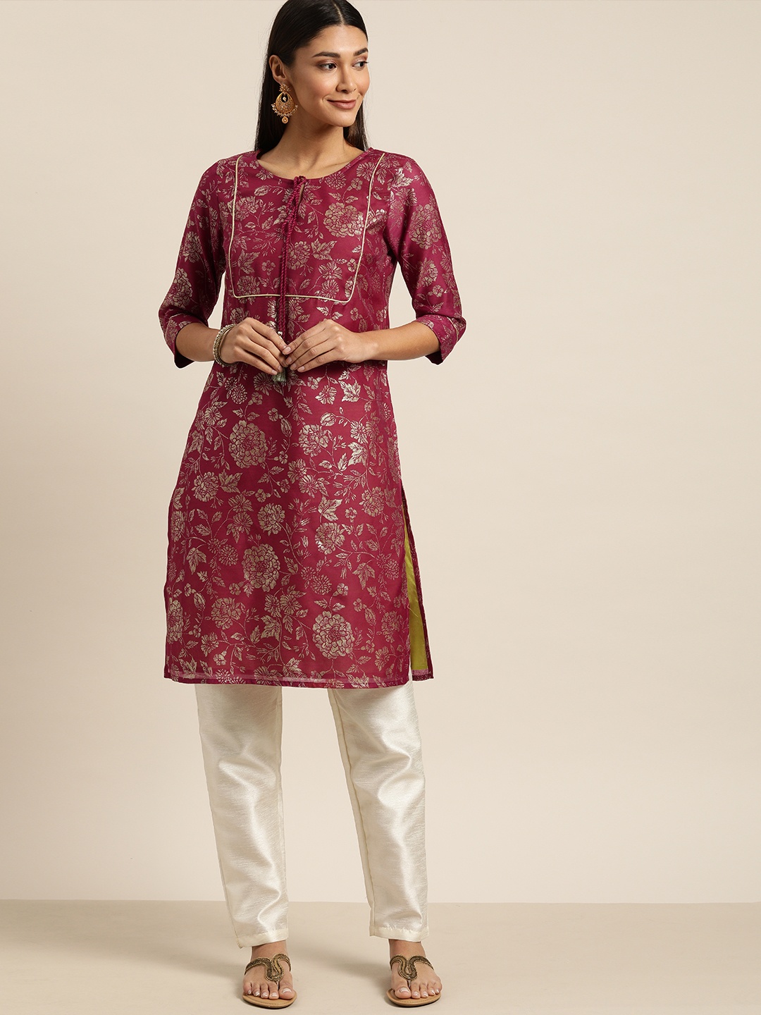 

all about you Women Maroon & Gold-Coloured Floral Printed Straight Kurta