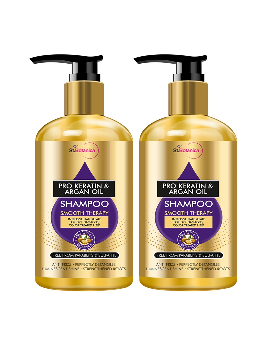 

StBotanica Unisex 2 Pcs Pro Keratin & Argan Oil Smooth Therapy Shampoo 300ml each, Gold