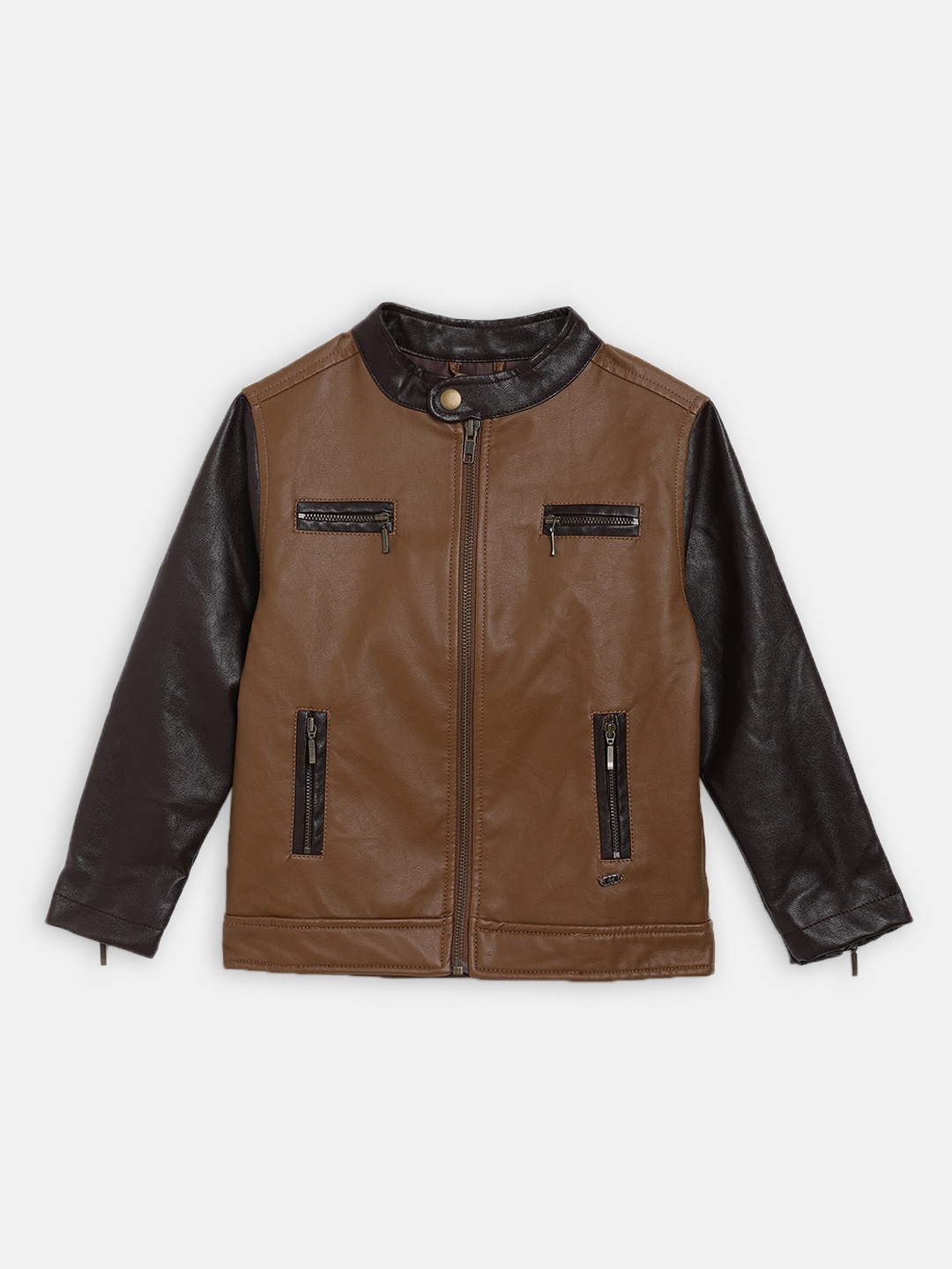 Blue Giraffe Boys Brown Colourblocked Biker Jacket