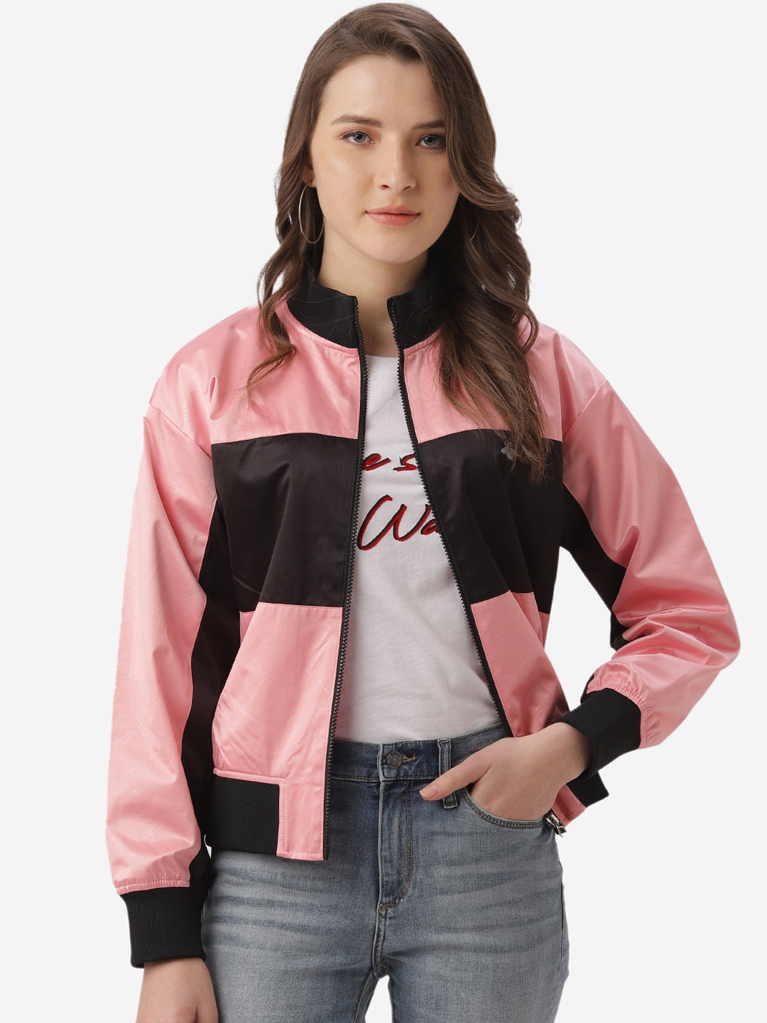 

Mode by Red Tape Women Pastel Pink Colourblocked Bomber