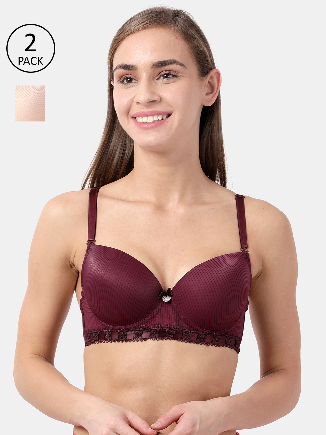 

Susie Pack of 2 Solid Underwired Heavily Padded Balconette Bras, Maroon