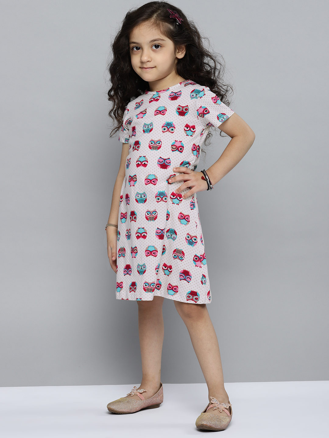 

YK Girls Off-White & Pink Pure Cotton Owl Print Nightdress