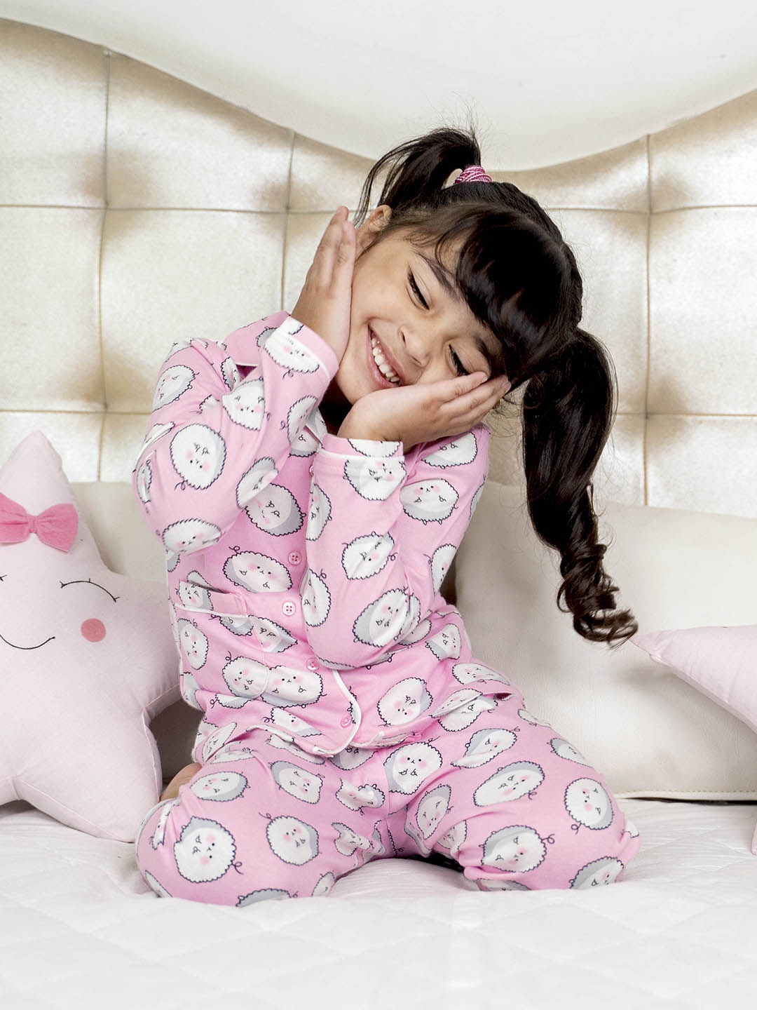 

YK Girls Pink & White Conversational Print Cotton Night suit