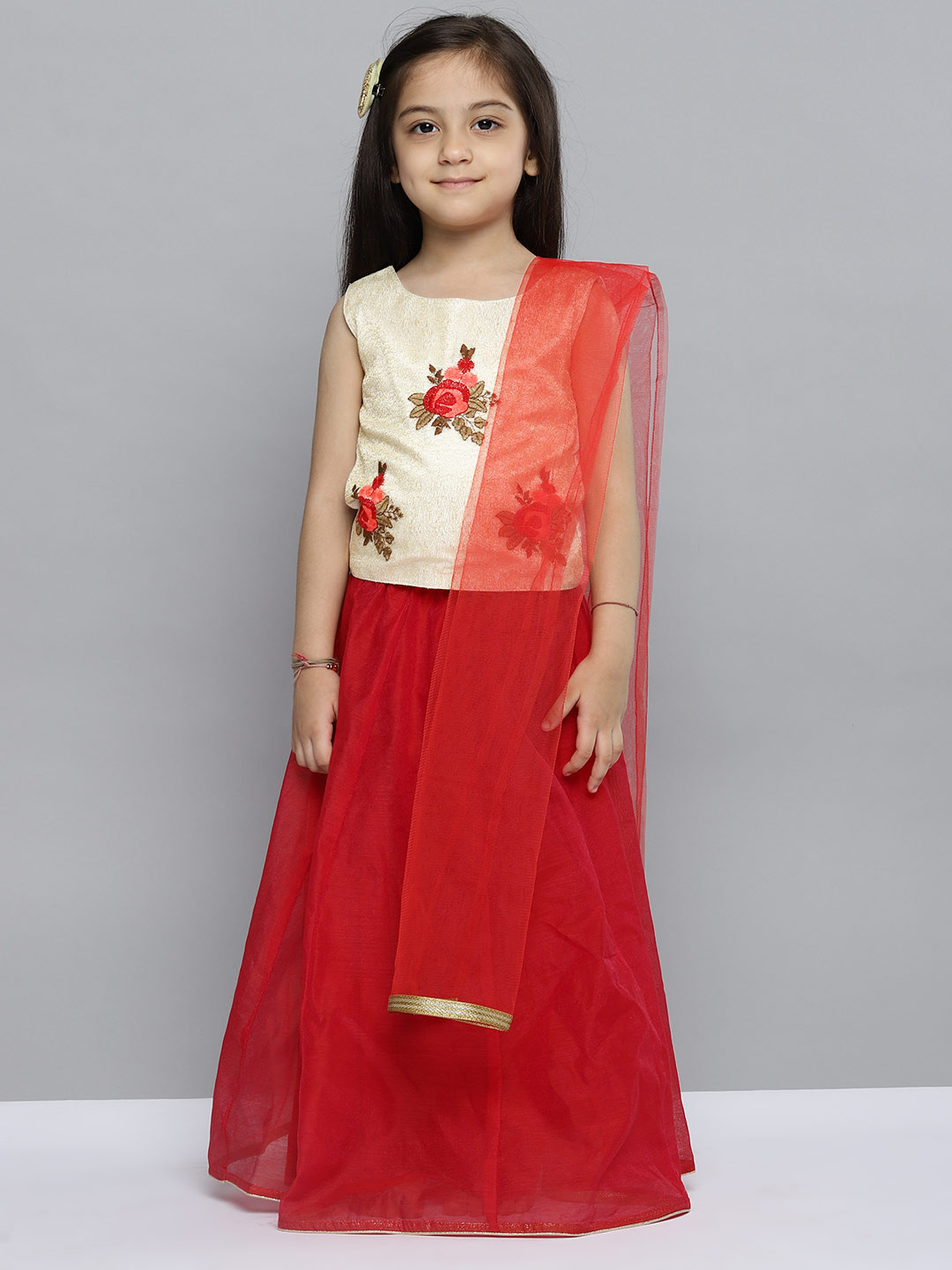 

YK Girls Red & Golden Embroidered Ready to Wear Lehenga with Blouse & Dupatta