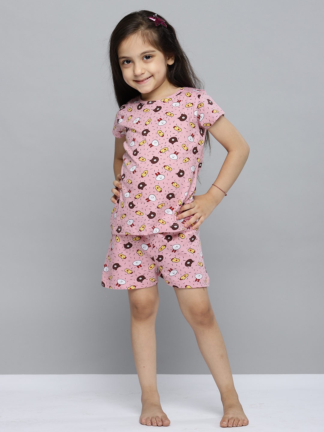 

YK Girls Pink & Brown Bunny & Bear Face Print Pure Cotton Night suit