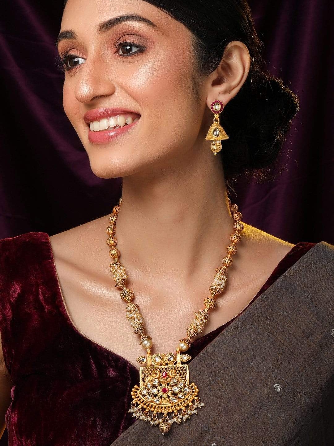 

Rubans 24K Gold-Plated & White Kundan Studded Handcrafted Filigree Beads Jewellery Set