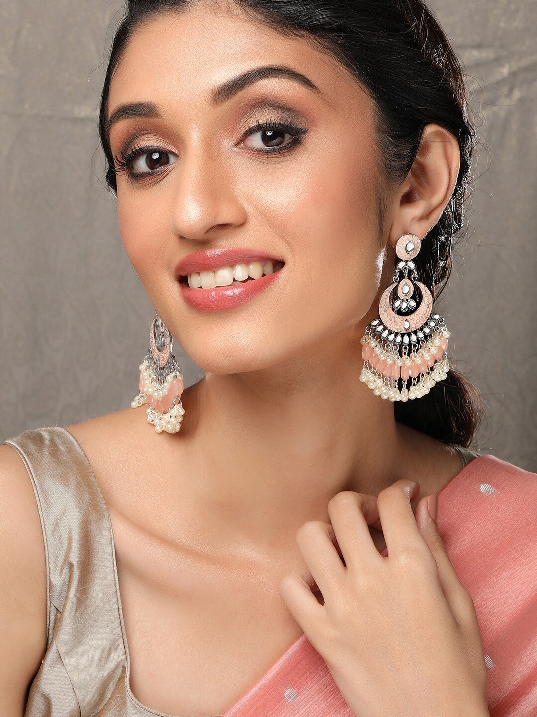 

Rubans Silver-Plated & Peach-Coloured Kundan Enamel Contemporary Chandbalis