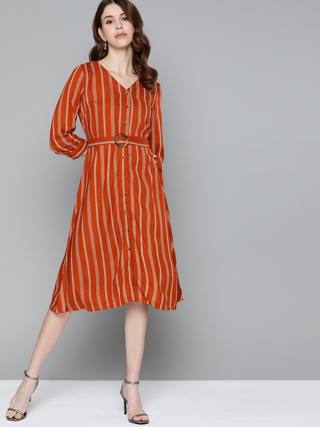 

Chemistry Women Rust Red & Cream-Coloured Striped Fit and Flared Dress with Belt