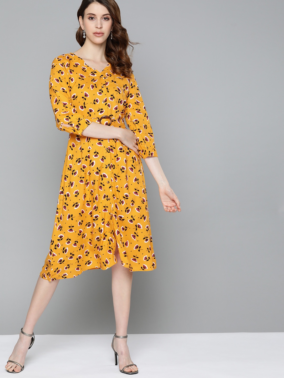 

Chemistry Women Mustard Yellow & Black Floral Print Fit and Flared Dress with Belt