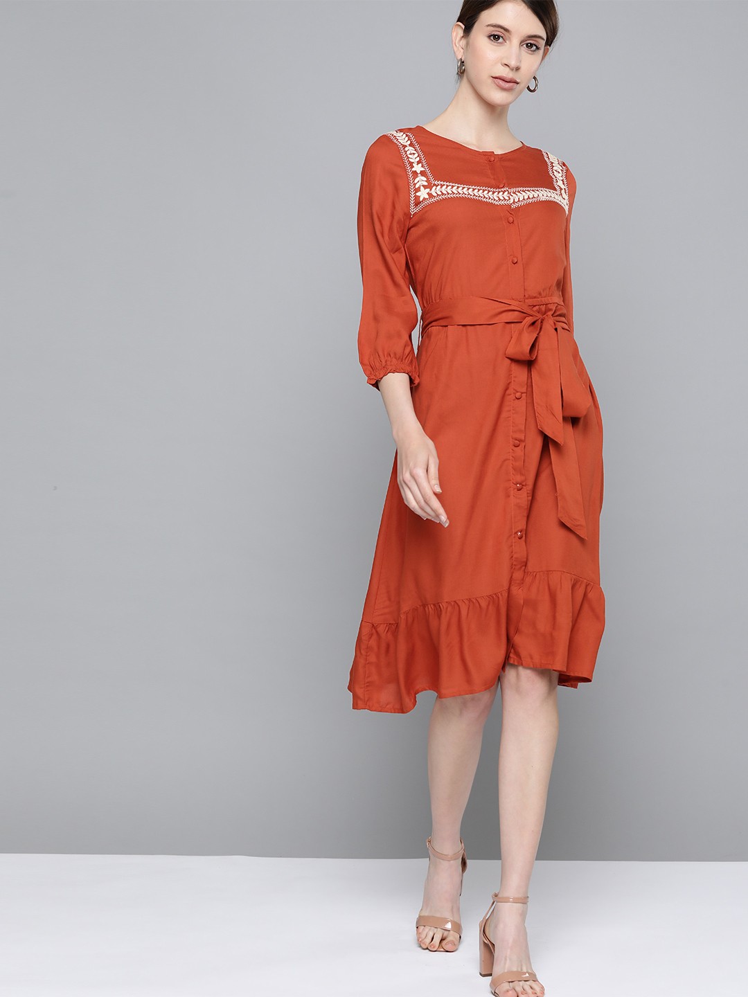 

Chemistry Women Orange Embroidered Detail A-Line Dress