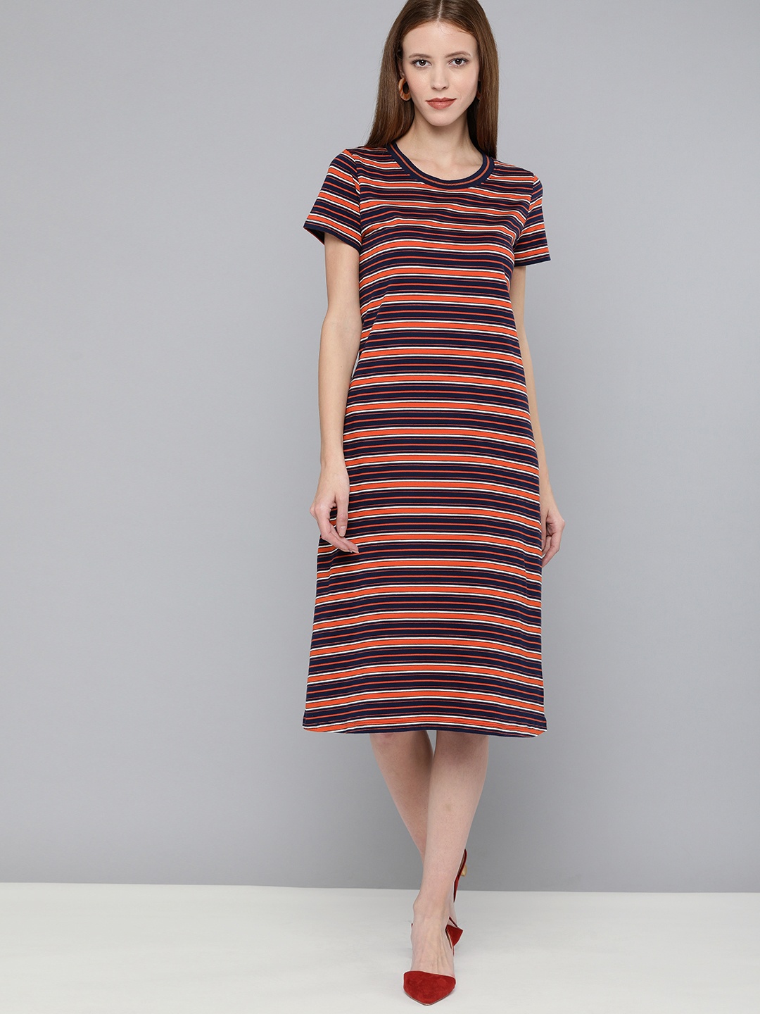 

Chemistry Women Navy Blue & Rust Orange Striped A-Line Dress